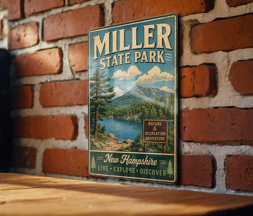 A vintage-style metal sign for Miller State Park, featuring a scenic landscape with mountains, trees, and a lake.