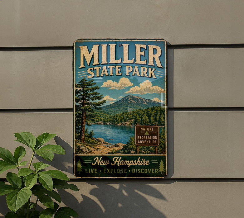 A vintage-style metal sign for Miller State Park, featuring a scenic landscape with a lake, mountains, and pine trees.