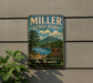 A vintage-style metal sign for Miller State Park, featuring a scenic landscape with a lake, mountains, and pine trees.