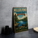 A vintage-style sign for Millers Pond State Park in Connecticut, featuring a scenic image of a lake, trees, and a canoe.