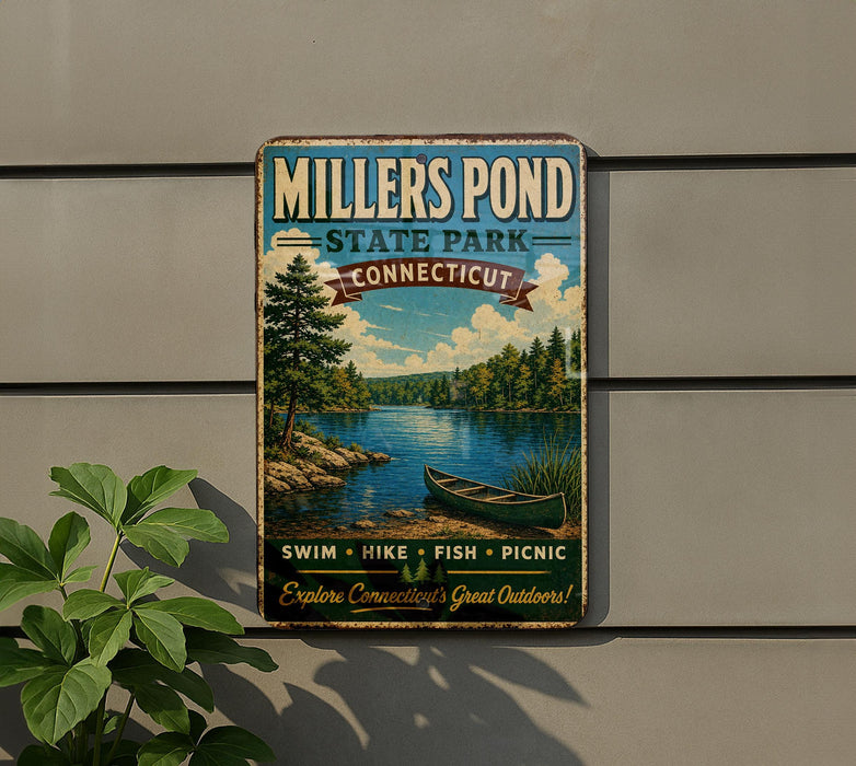 A vintage-style metal sign for Millers Pond State Park in Connecticut, featuring a scenic image of a lake, trees, and a canoe.