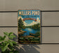A vintage-style metal sign for Millers Pond State Park in Connecticut, featuring a scenic image of a lake, trees, and a canoe.