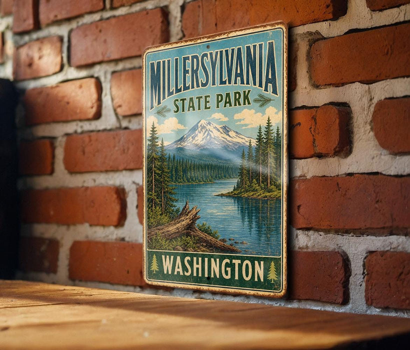 A vintage-style metal sign for Millersville State Park in Washington, featuring a mountain landscape and a river.