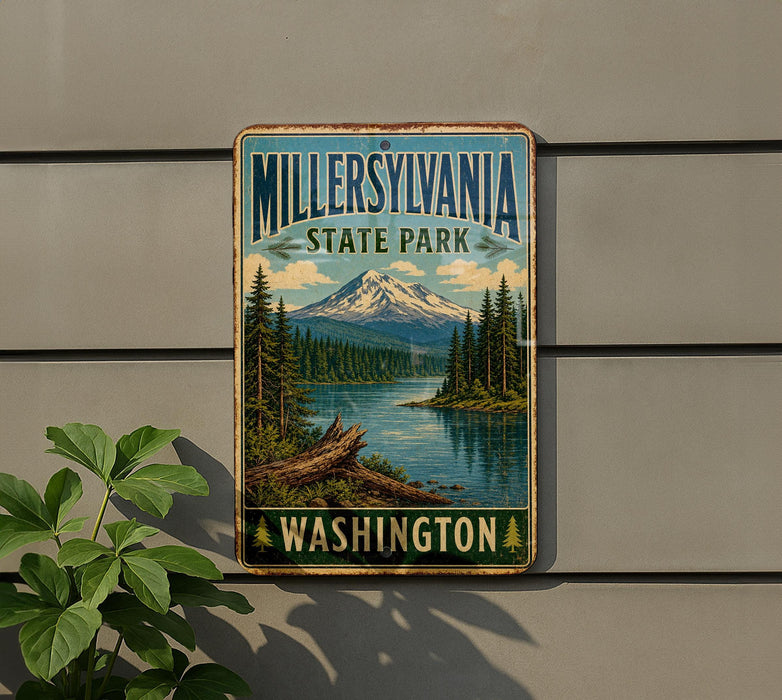 A vintage metal sign for Millersville State Park in Washington, featuring a scenic mountain landscape with pine trees and a river.