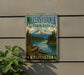 A vintage metal sign for Millersville State Park in Washington, featuring a scenic mountain landscape with pine trees and a river.