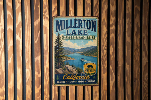 A vintage metal sign for Millerton Lake State Recreation Area, featuring a scenic image of the lake and mountains.