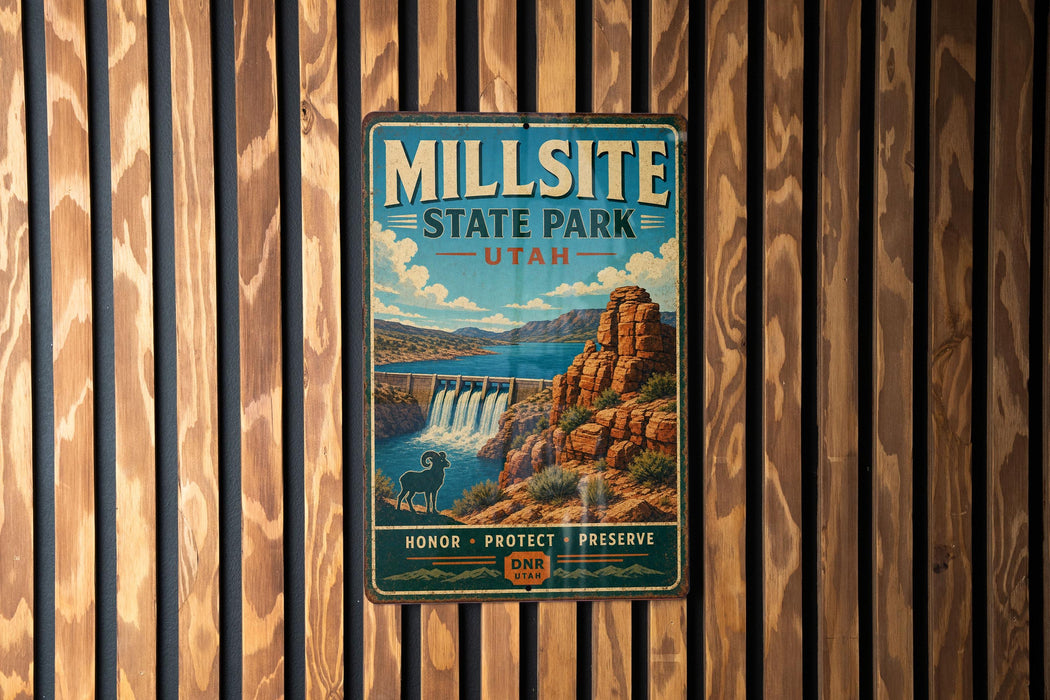 A vintage-style metal sign for Millsite State Park in Utah, featuring a scenic illustration of the park's landscape with a waterfall and mountains.