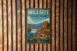 A vintage-style metal sign for Millsite State Park in Utah, featuring a scenic illustration of the park's landscape with a waterfall and mountains.