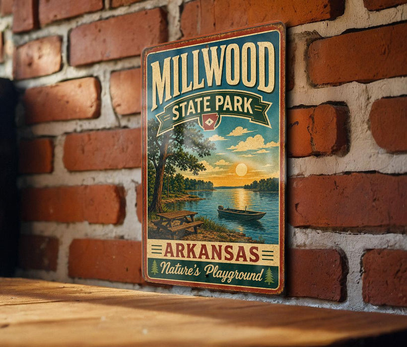 A vintage metal sign for Millwood State Park in Arkansas, featuring a scenic landscape with a lake, trees, and a sunset.