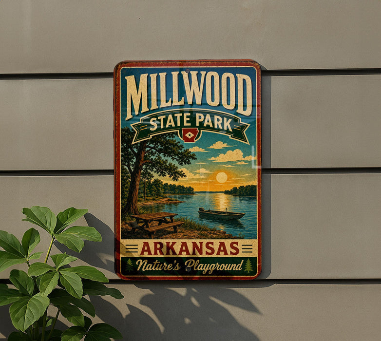 A vintage-style metal sign for Millwood State Park in Arkansas, featuring a scenic landscape with a lake, trees, and a sunset.