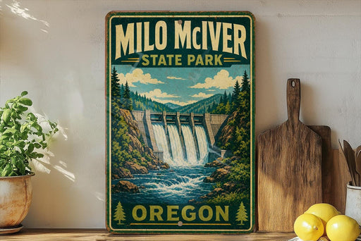 A vintage-style sign for Milo McIver State Park in Oregon, featuring a scenic illustration of a waterfall surrounded by lush greenery.