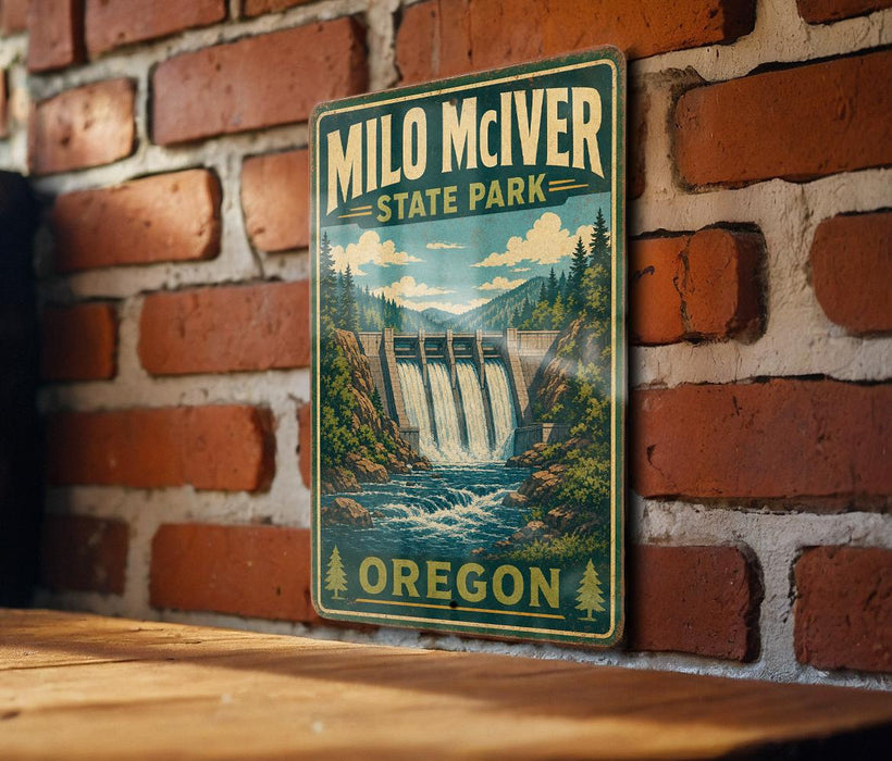 A vintage-style metal sign for Milo Mciver State Park in Oregon, featuring a scenic illustration of a waterfall and forest landscape.