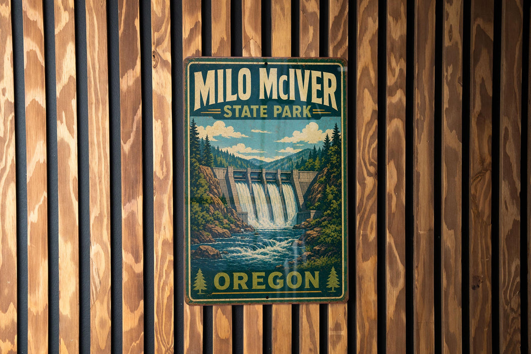 A vintage-style metal sign for Milo McIver State Park in Oregon, featuring a scenic illustration of a waterfall and forest landscape.