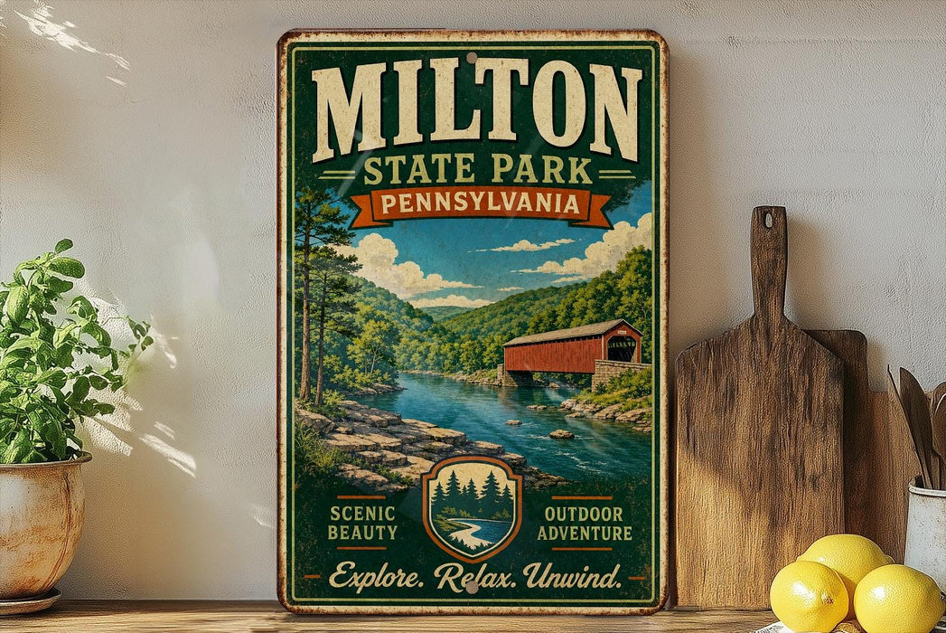 A vintage-style poster advertising Milton State Park in Pennsylvania, featuring a scenic landscape with a covered bridge and a river.