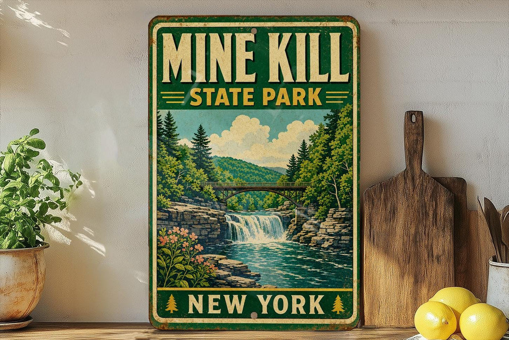 A vintage-style sign for Mine Kill State Park in New York, featuring a scenic illustration of a waterfall and forest.