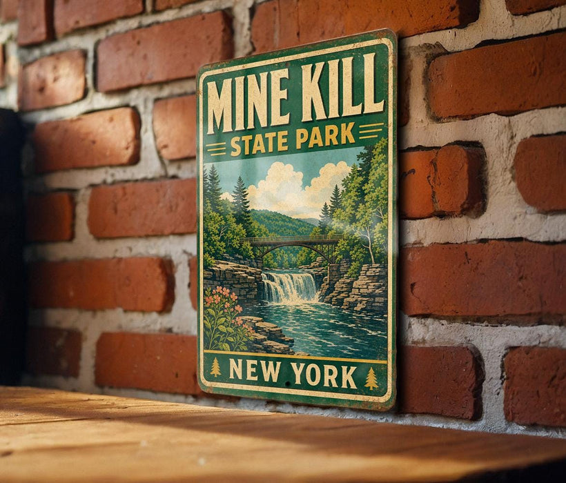 A vintage-style metal sign for the state park, "New York", featuring a scenic illustration of a waterfall and forest.
