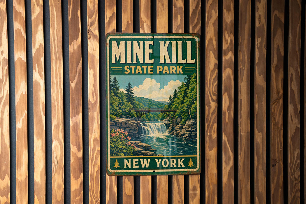 A vintage-style metal sign for Mine Kill State Park in New York, featuring a scenic landscape with a waterfall and forest.