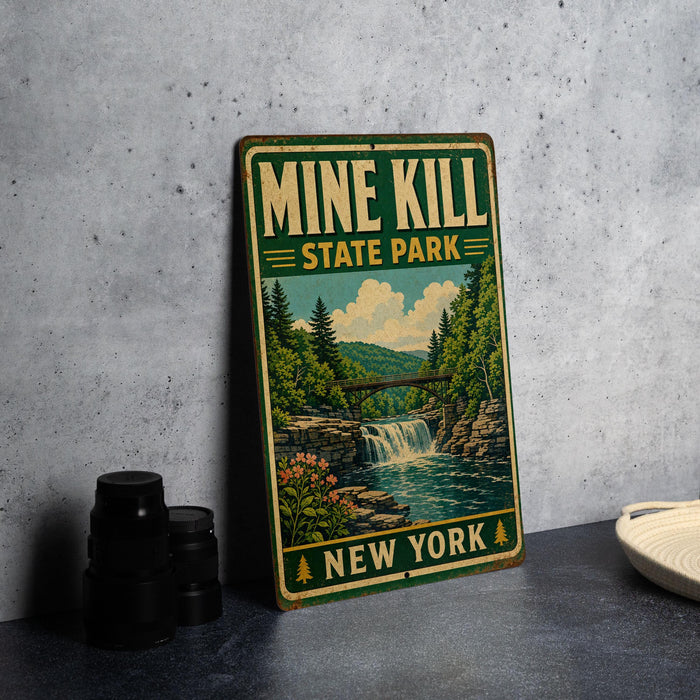 A vintage-style metal sign for Mine Kill State Park in New York, featuring a scenic illustration of a waterfall and forest.