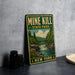 A vintage-style metal sign for Mine Kill State Park in New York, featuring a scenic illustration of a waterfall and forest.
