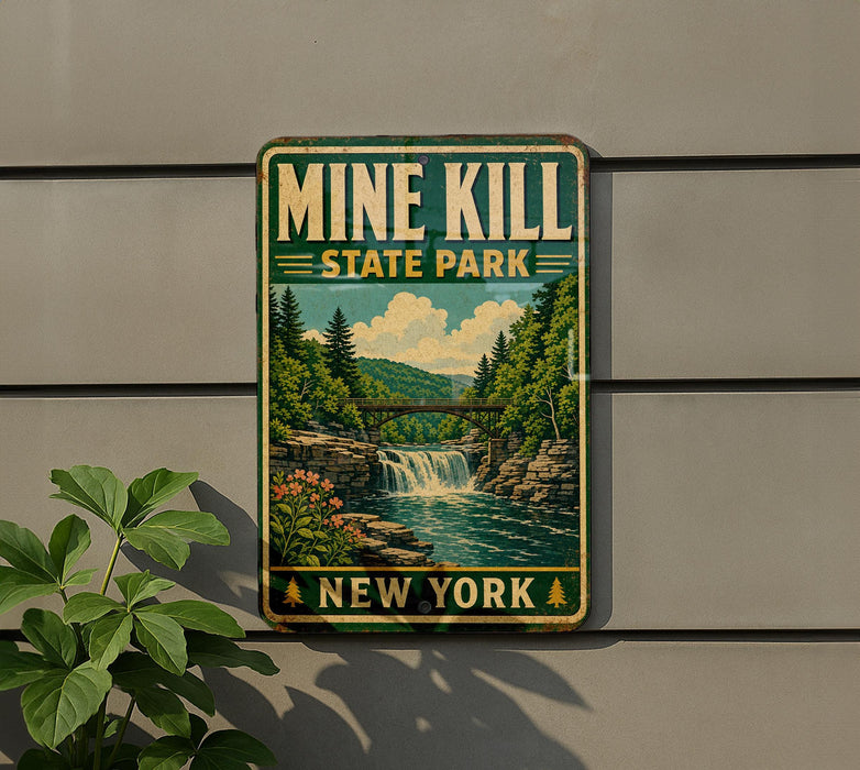 A vintage-style sign for Mine Kill State Park in New York, featuring a scenic landscape with a waterfall and forest.