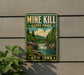 A vintage-style sign for Mine Kill State Park in New York, featuring a scenic landscape with a waterfall and forest.