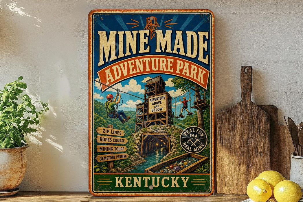 A vintage-style metal sign for the Mine-Made Adventure Park in Kentucky, featuring an illustration of a zip line and a person hanging from a rope bridge.