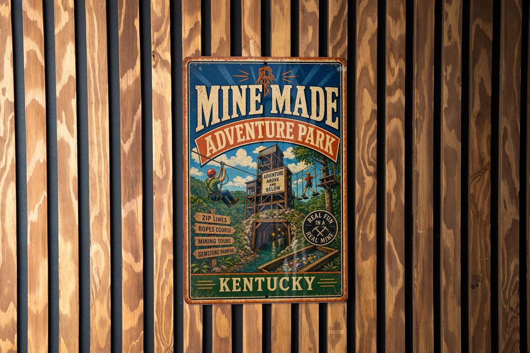 A vintage-style metal sign for the Mine Made Adventure Park in Kentucky, featuring a colorful illustration of the park's attractions and a sign that says "Real Fun in a Real Mine".