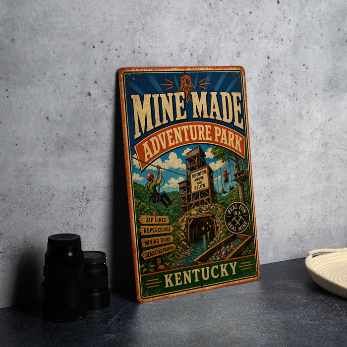 a vintage-style sign for the "Mine Made Adventure Park" in Kentucky, with a colorful illustration of a person climbing a rope tower.
