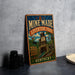 a vintage-style sign for the "Mine Made Adventure Park" in Kentucky, with a colorful illustration of a person climbing a rope tower.