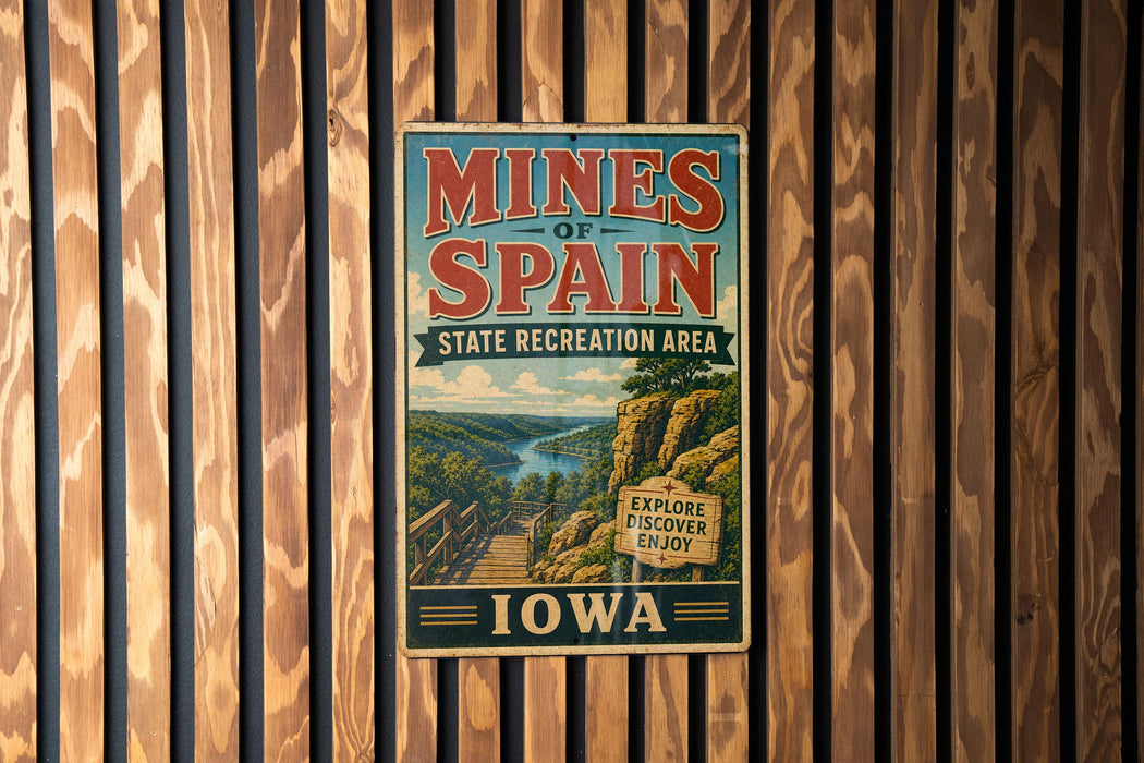 A vintage-style poster advertising the state's recreation area, featuring a scenic image of a river and mountains.
