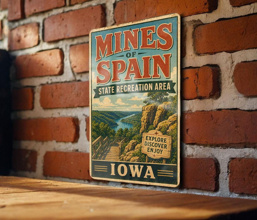 A vintage-style sign for the Mines of Spain State Recreation Area in Iowa, featuring a scenic illustration of a mountain landscape with a river and a wooden bridge.