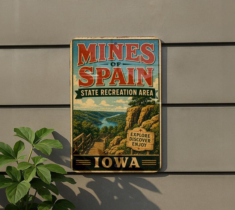 A vintage-style sign for the state recreation area in Iowa, featuring a scenic landscape with a bridge and a river.
