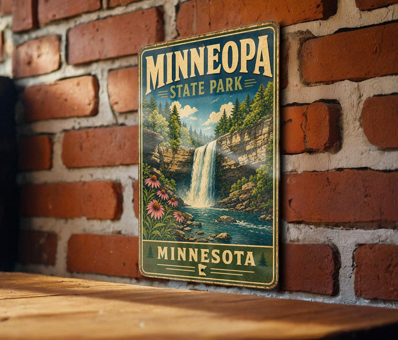 A vintage-style metal sign for Minnesota State Park hangs on a brick wall, depicting a scenic waterfall surrounded by lush greenery.