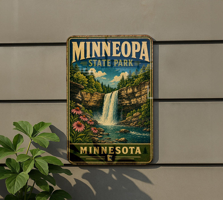 A vintage-style metal sign for Minnesota State Park, featuring a waterfall and lush greenery, is displayed on a wall.
