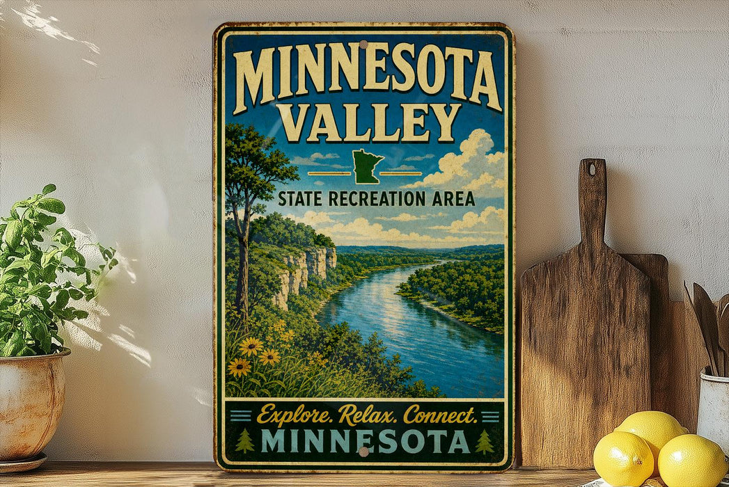 A vintage-style sign for Minnesota Valley State Recreation Area, featuring a scenic landscape with a river, mountains, and lush greenery.