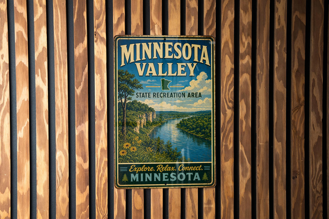 A vintage Minnesota Valley sign is displayed on a wooden wall, inviting visitors to explore, relax, and connect with the state's natural beauty.