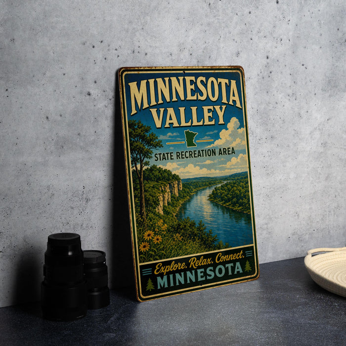 A vintage Minnesota Valley sign is displayed on a gray countertop, with a stack of black camera lenses and a white dish nearby.
