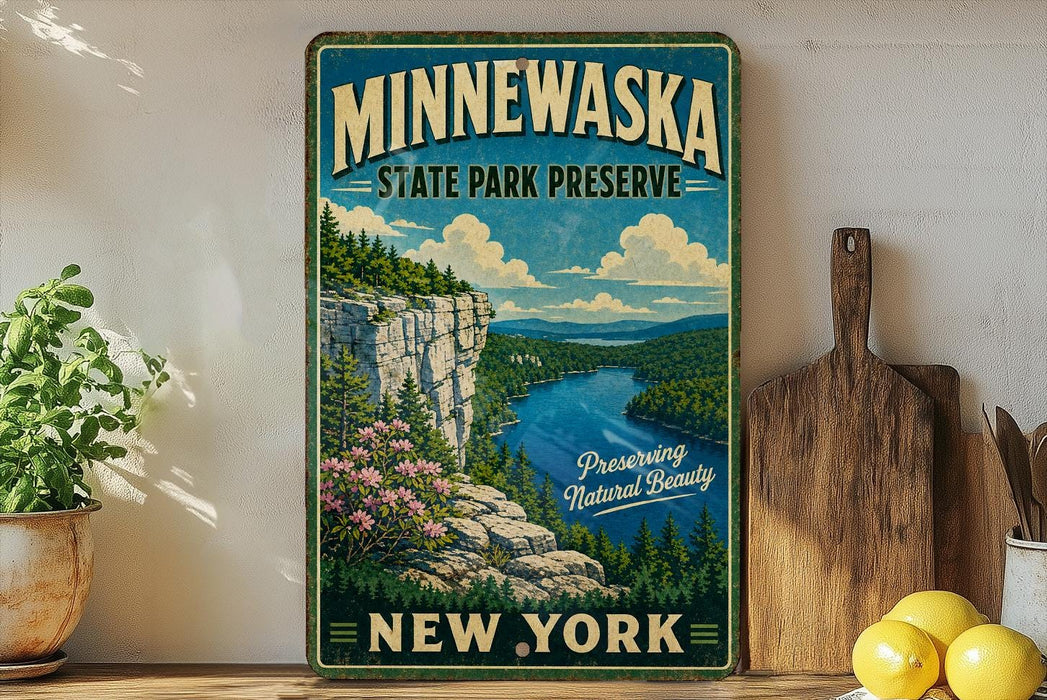 A vintage-style metal sign for Minneconka State Park Preserve in New York, featuring a scenic landscape with a river, cliffs, and pine trees.