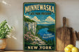 A vintage-style metal sign for Minneconka State Park Preserve in New York, featuring a scenic landscape with a river, cliffs, and pine trees.