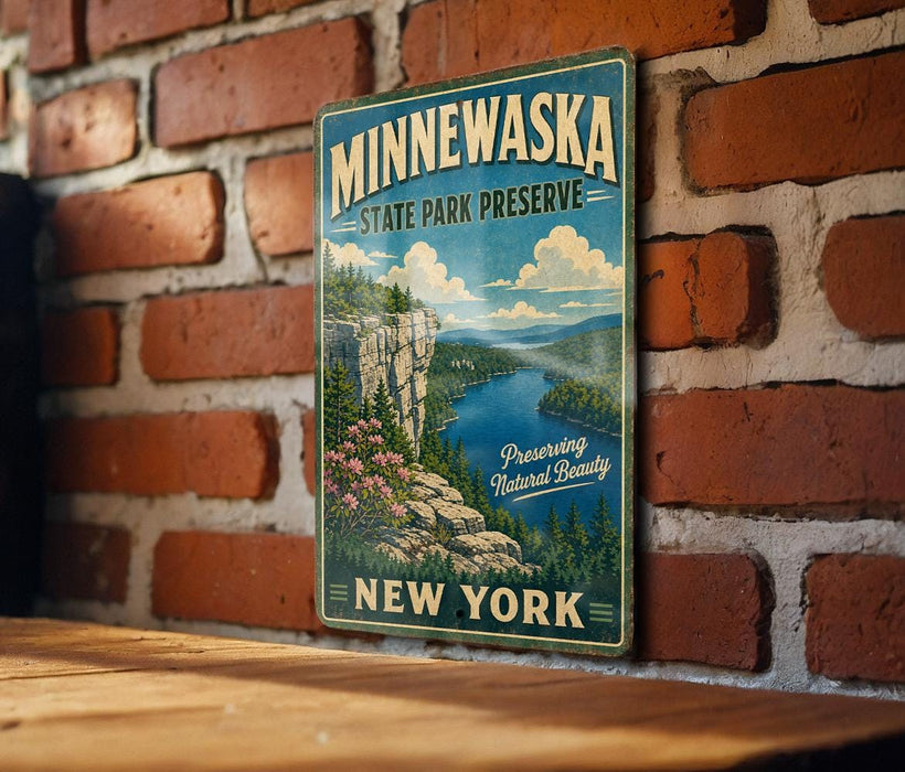 A vintage-style sign for Minnewaska State Park Preserve, featuring a scenic landscape with a river, mountains, and trees.