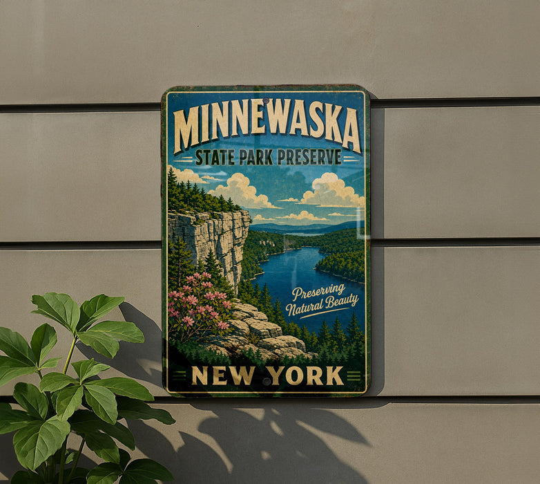 A vintage-style metal sign for Minnewaska State Park Preserve, featuring a scenic landscape with a river, cliffs, and flowers.