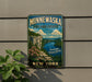 A vintage-style metal sign for Minnewaska State Park Preserve, featuring a scenic landscape with a river, cliffs, and flowers.