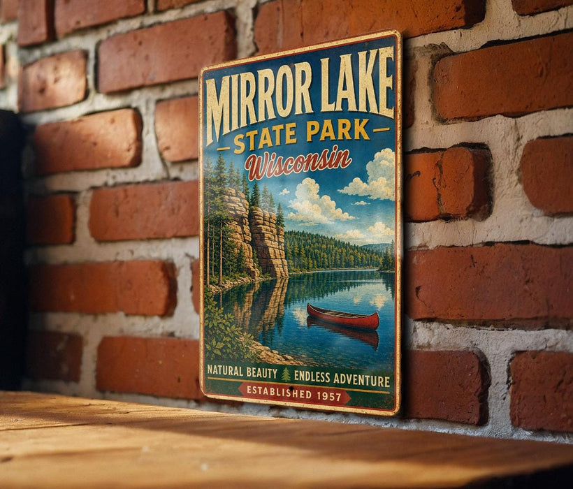 A vintage-style metal sign for Mirror Lake State Park in Wisconsin, featuring a scenic landscape with a lake, mountains, and a canoe.