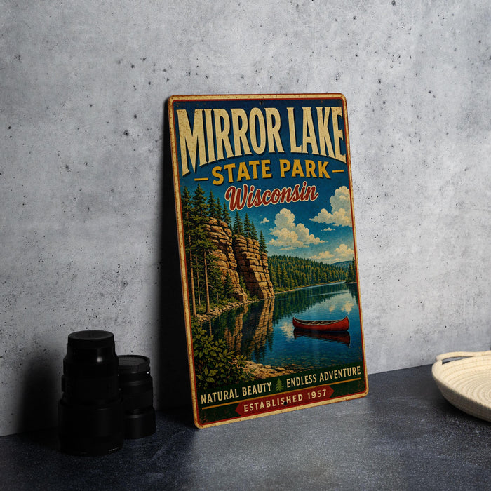A vintage-style sign for Mirror Lake State Park in Wisconsin, featuring a scenic landscape with a lake, mountains, and a canoe.