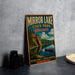 A vintage-style sign for Mirror Lake State Park in Wisconsin, featuring a scenic landscape with a lake, mountains, and a canoe.