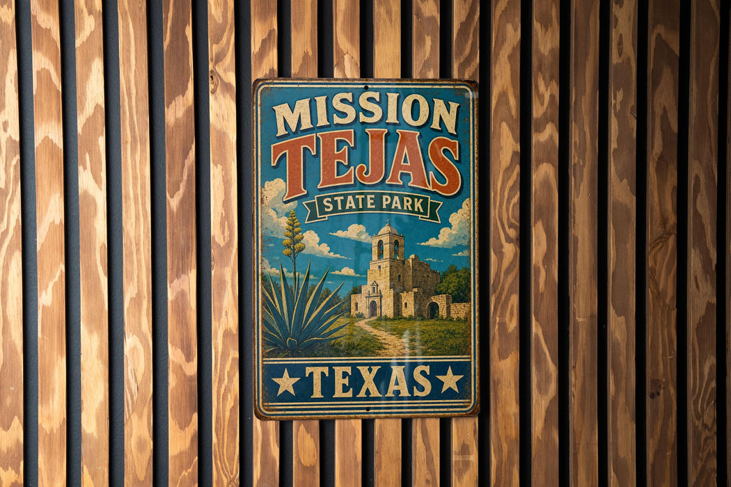 A vintage metal sign for Mission Tejas State Park in Texas, featuring a desert landscape with a building and a cactus.