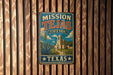 A vintage metal sign for Mission Tejas State Park in Texas, featuring a desert landscape with a building and a cactus.