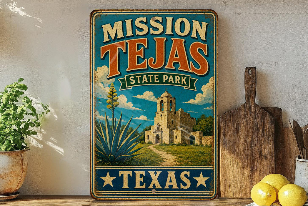 A vintage-style metal sign for Mission Tejas State Park in Texas, featuring a castle and a desert landscape.