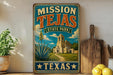 A vintage-style metal sign for Mission Tejas State Park in Texas, featuring a castle and a desert landscape.