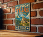 A vintage-style metal sign for Mission Tejas State Park in Texas, featuring a brick wall and a desert landscape with a castle-like structure.